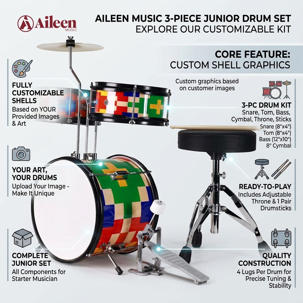 Custom 3-Piece Kids Drum Set with Personalized Shell Graphics | OEM/ODM Children's Drum Kit Manufacturer