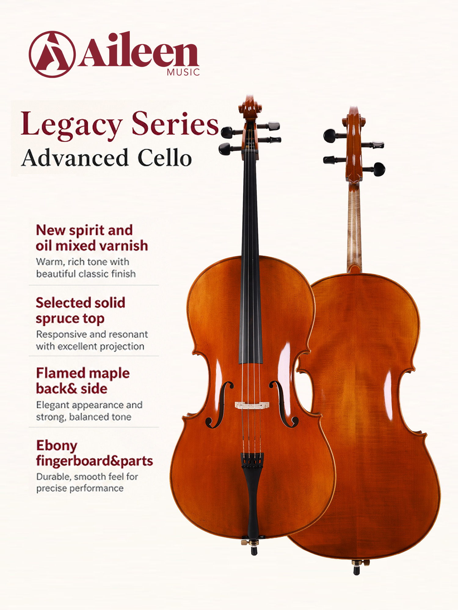 LC02 Legacy Series Selected Solid Spruce Top 1/8- 4/4 Professional Advanced Cello