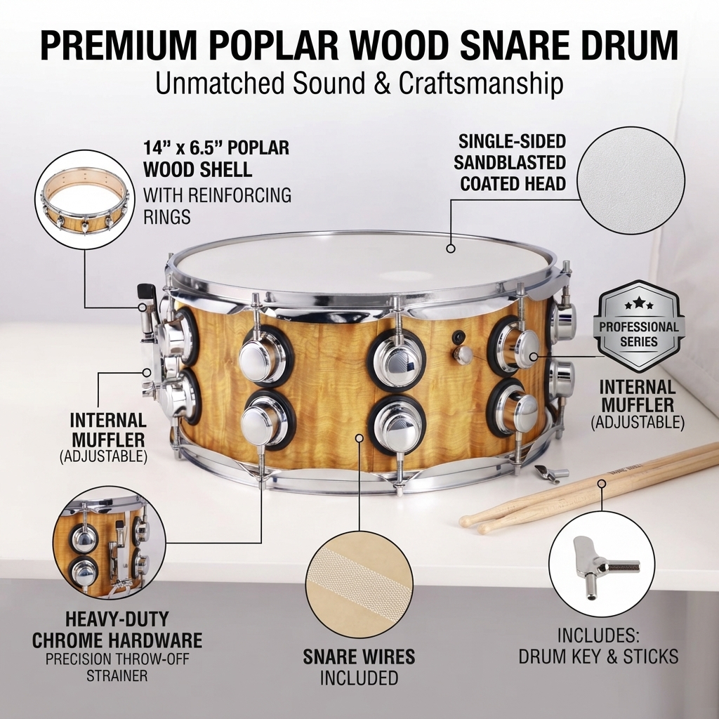 SD311M Professional 14" x 6.5" Wooden Snare Drum Poplar Shell Drum with Reinforcement Ring 